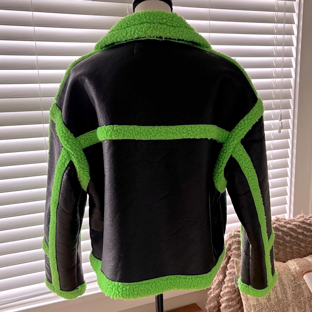 AKIRA Label La Vida Lime Crime Pleather Sherpa Coat Faux Leather Neon 💚 Size XL - Picture 7 of 16